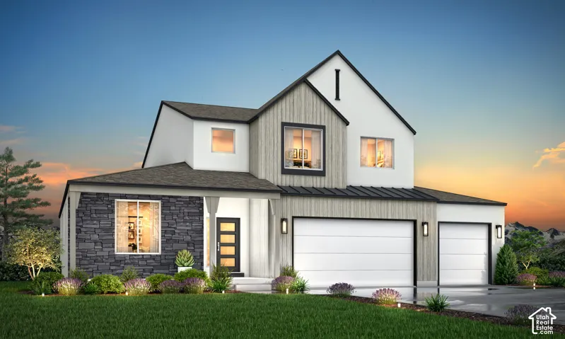 Modern exterior with white siding and dark stone veneer accents