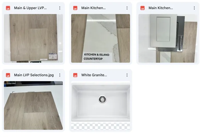 Material Selections. Displaying various samples for the property's finishes, including flooring, countertops, cabinetry, and a sink
