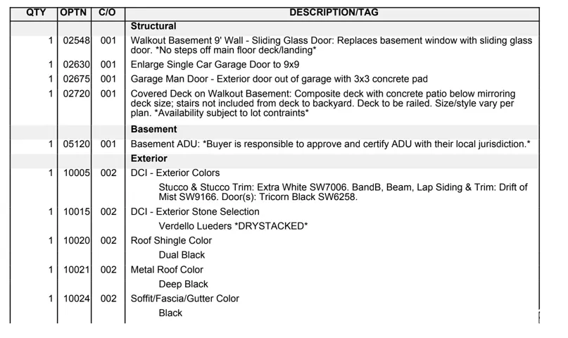 Builder Specification Sheet. Outlining structural, basement, and exterior material selections for the property