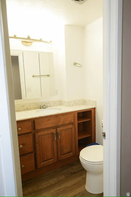 Vanity with integrated sink, light-toned countertop, wood-finish cabinetry, and wood-finish flooring