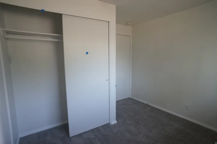 Plush gray carpeting throughout, featuring white sliding closet doors and neutral painted walls