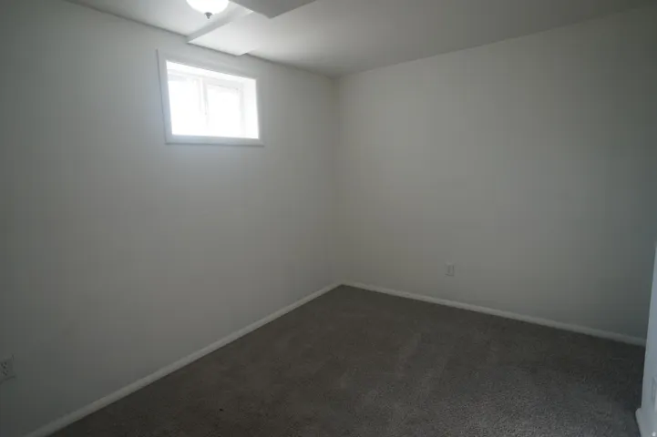 Neutral paint palette with a single window, overhead lighting, and carpeted flooring