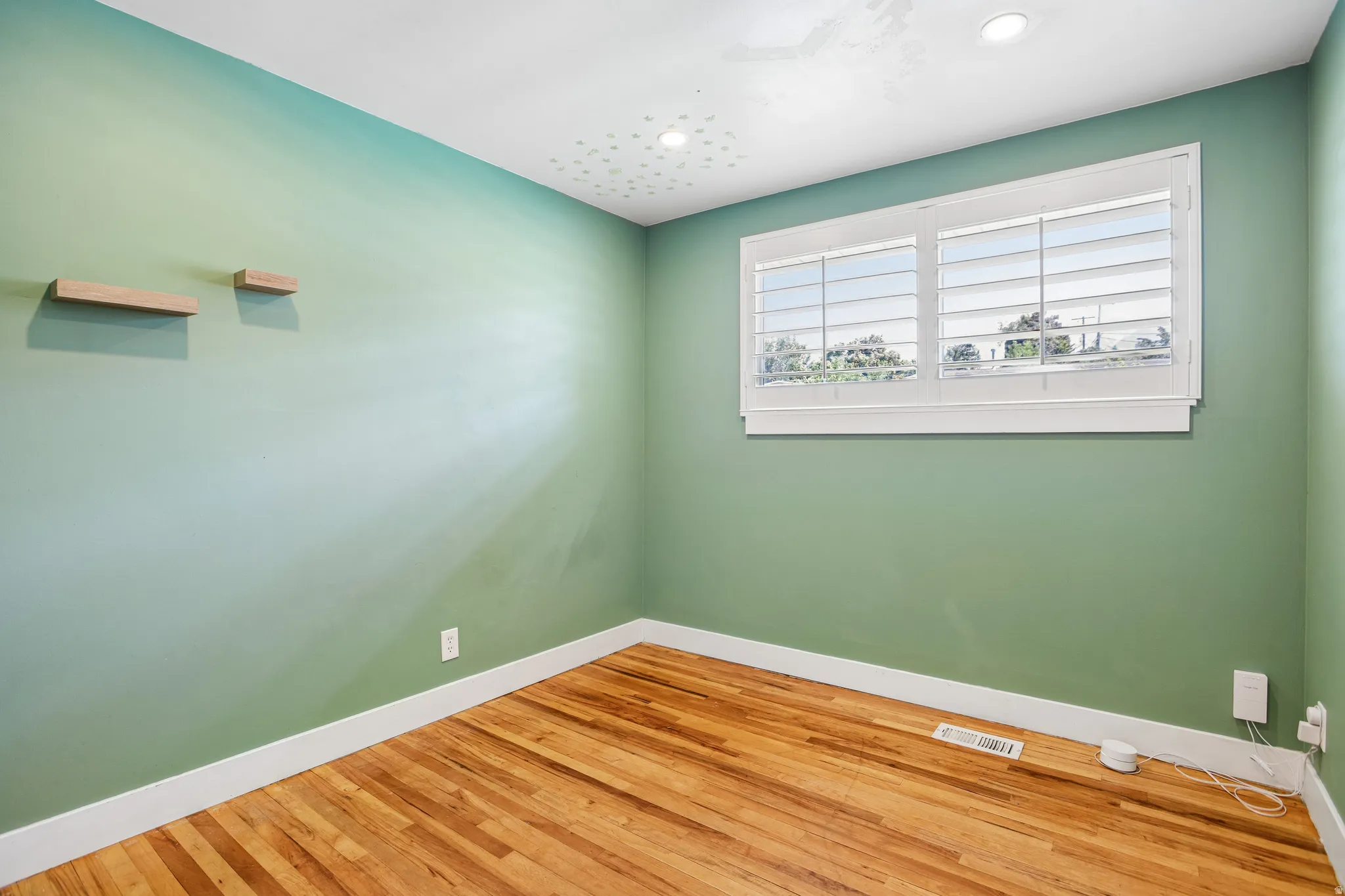 Wood-finish flooring with white trim