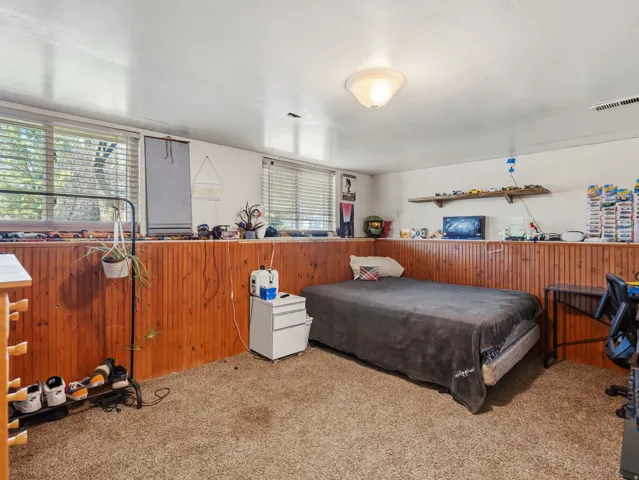 Carpeted room featuring wood paneling, windows with blinds, a built-in wall shelf, and a ceiling-mounted light fixture
