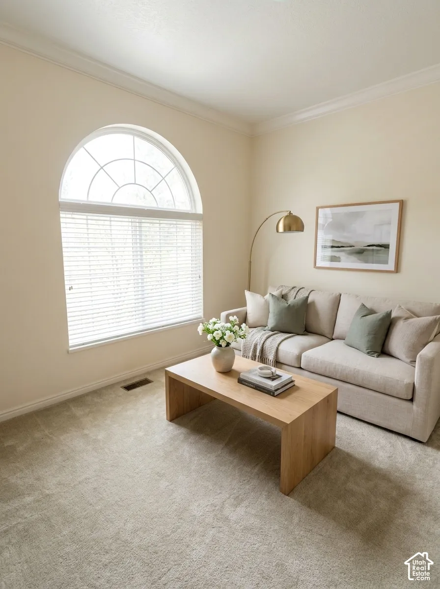 Arch-top window with blinds, crown molding, and neutral-toned wall paint