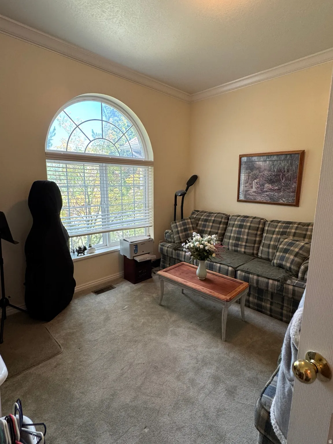 Arched window, crown molding, and neutral wall paint