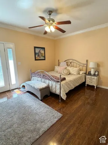 Warm-toned walls feature crown molding and wood-finish flooring