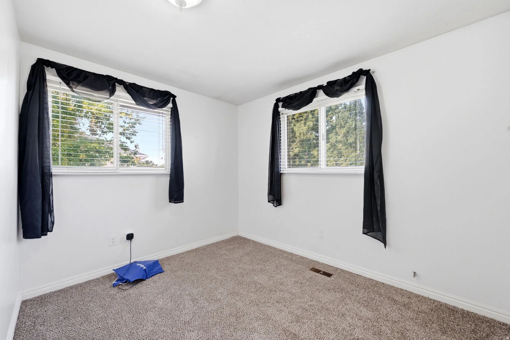 Two windows with horizontal blinds, overhead lighting, and wall-to-wall carpeting