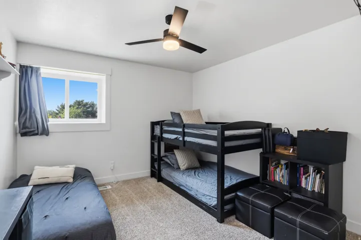 White painted walls with a ceiling fan, a window, and carpet flooring