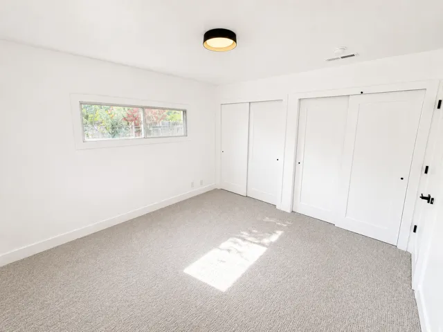 Plush carpeting, a horizontal window, and multiple white panel doors with black hardware