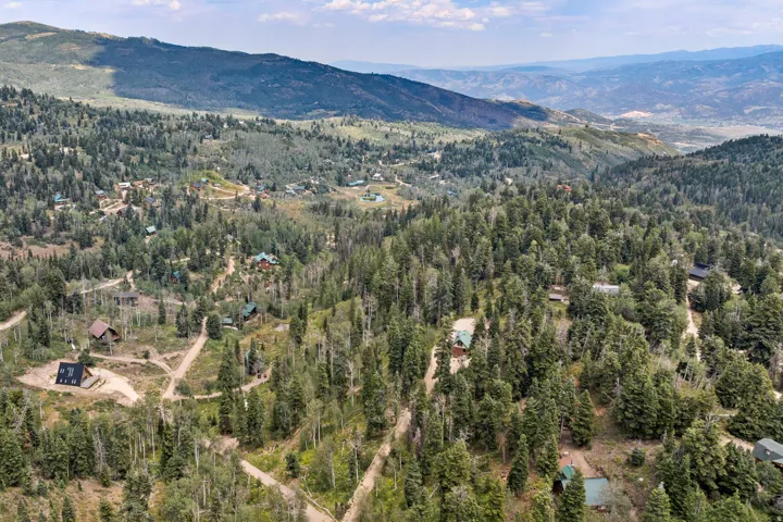 Mountainous terrain featuring dense evergreen and deciduous trees, multiple dispersed structures, and unpaved roads