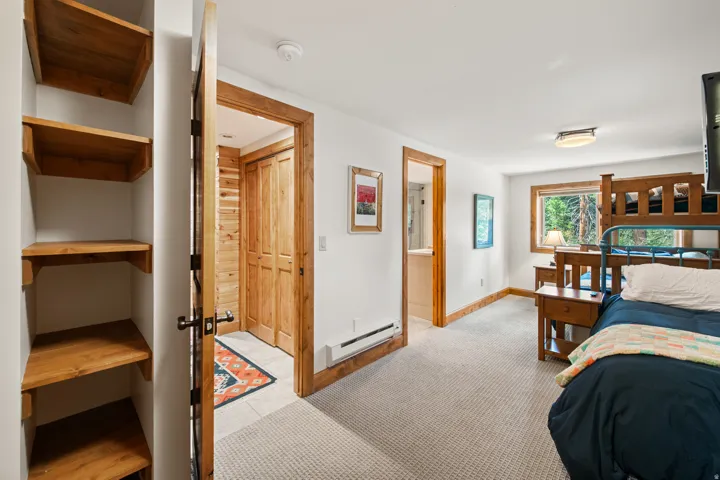 Built-in shelving, wood-trim doorways, carpeted flooring, and a window with exterior scenery