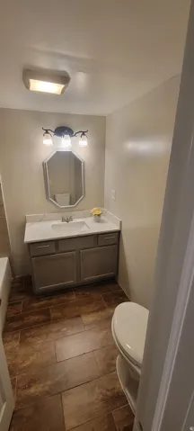 Bathroom featuring a gray vanity with white countertop, undermount sink, and wood-finish flooring