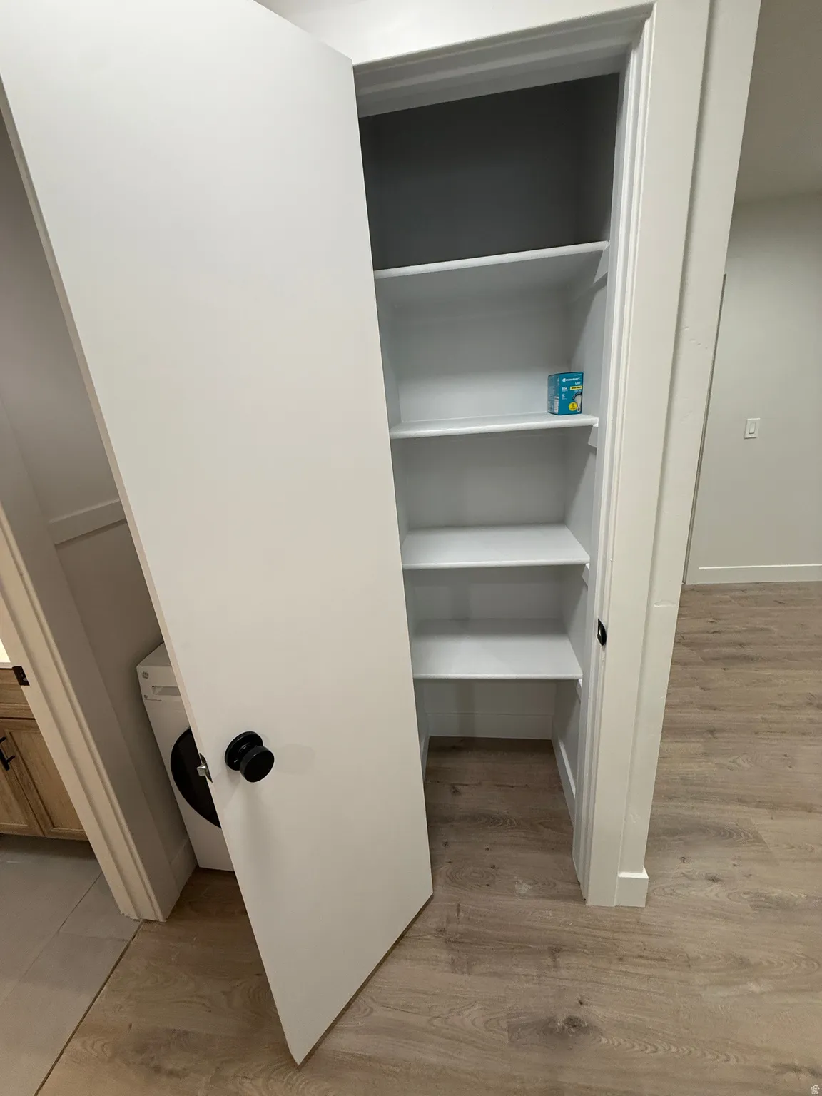 Built-in shelving and wood-finish flooring