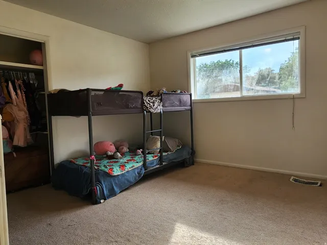 Carpeted room with a built-in closet featuring a clothes rod, and a window with white trim