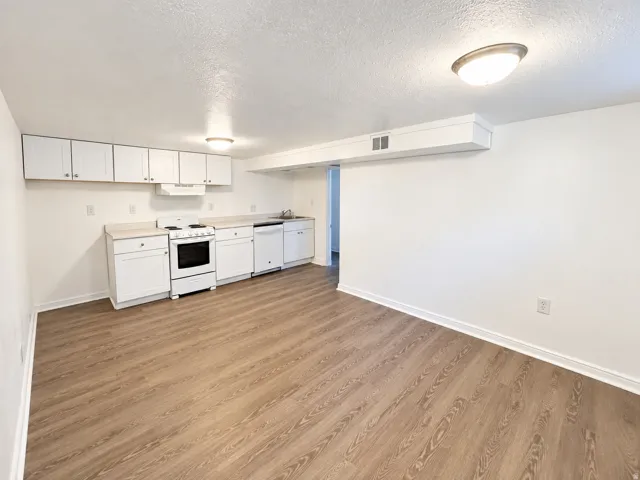 Wood-finish flooring, white cabinetry, light-toned countertops, range with overhead hood, and flush-mount ceiling lighting