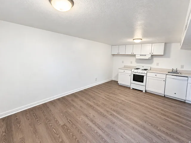 White cabinetry, wood-finish flooring, white appliances, and a built-in range with an overhead exhaust fan