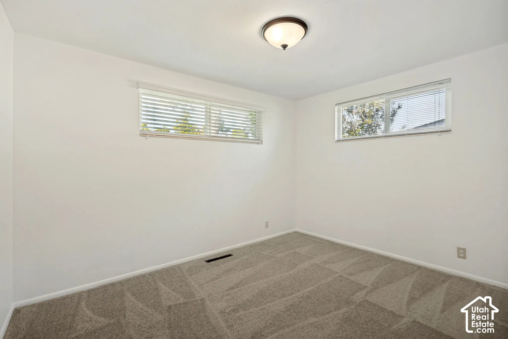 Neutral-toned walls, two windows with blinds, a ceiling-mounted light fixture, and patterned carpet flooring
