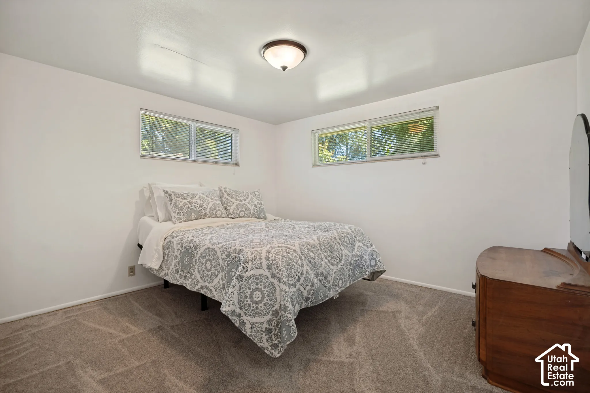 Plush carpet flooring, white walls, two horizontal windows, and a flush-mount ceiling light
