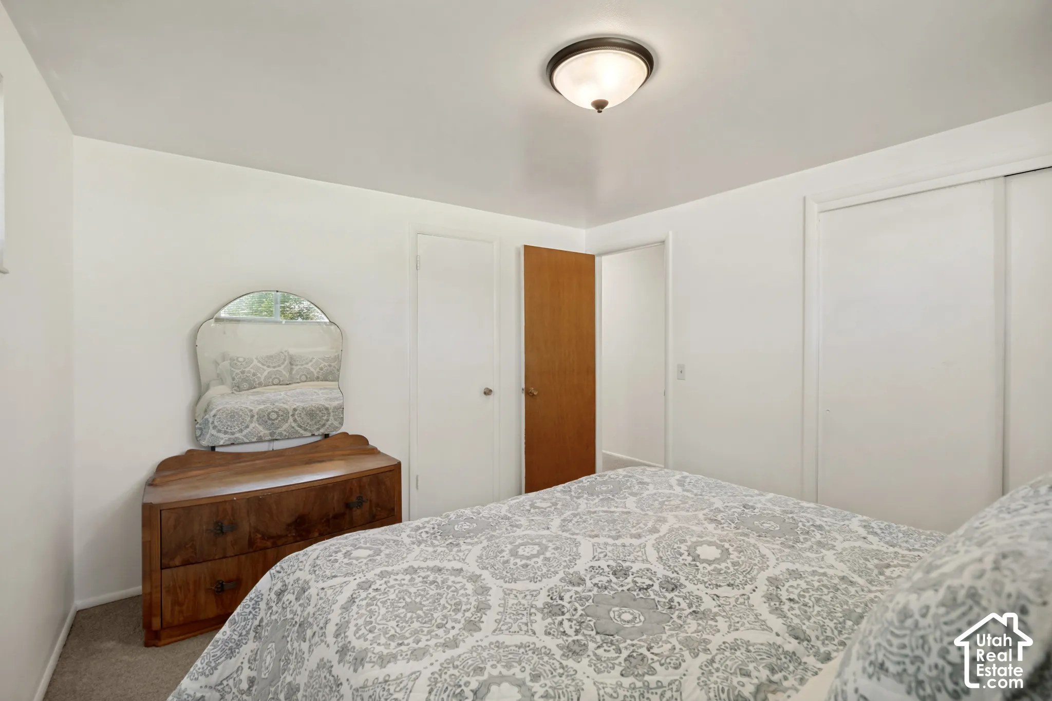 White walls, textured carpet, and a flush-mount ceiling light
