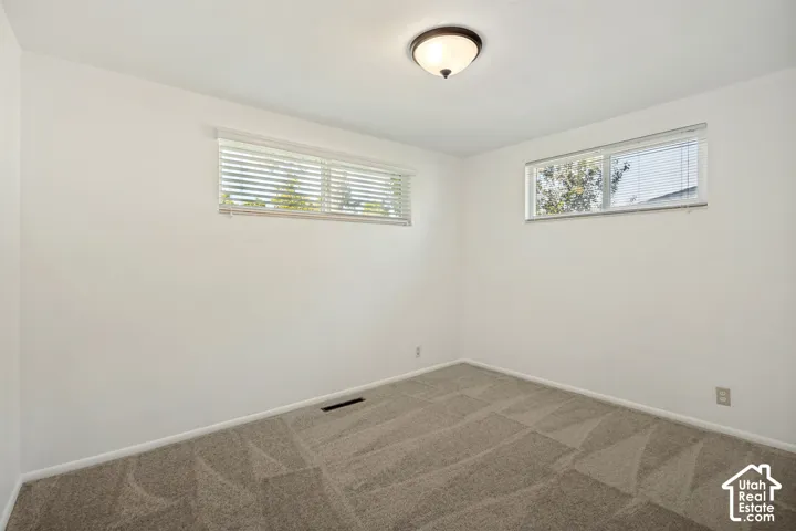 Neutral-toned walls, two windows with blinds, a ceiling-mounted light fixture, and patterned carpet flooring