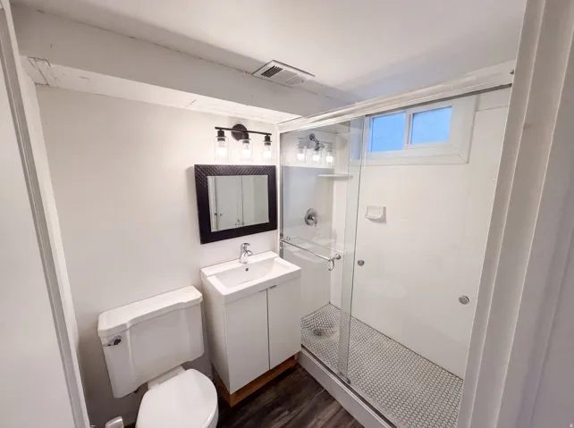 Modern vanity with integrated sink, glass-enclosed shower with mosaic tile flooring, and wood-finish flooring