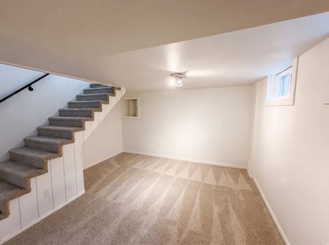 Carpeted flooring, painted walls, ceiling-mounted light fixture, and a window