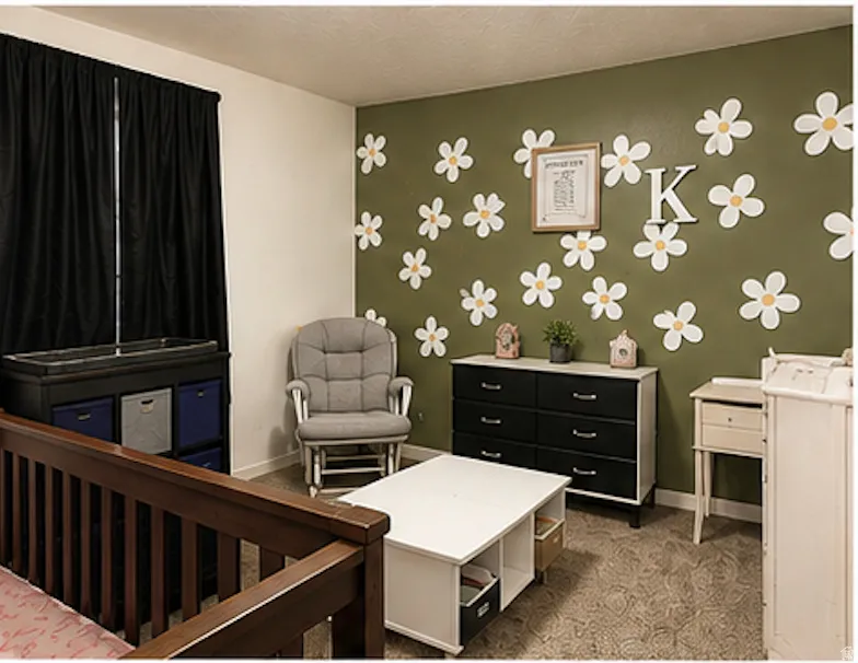 Neutral wall color, accent wall, patterned carpet, window with curtain rod, wood-tone railing