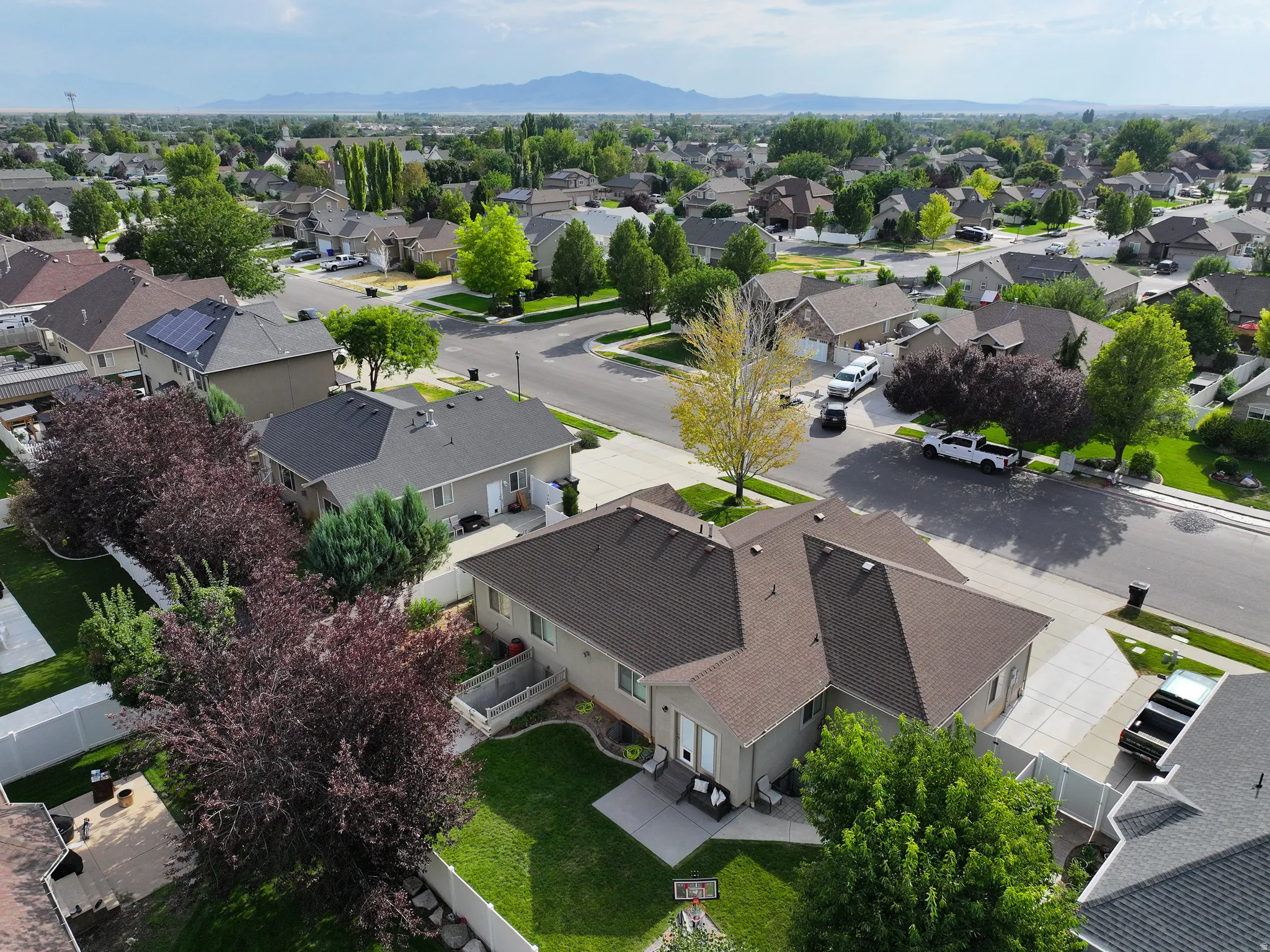 Shingled roof lines, green lawn, paved driveway, and established trees
