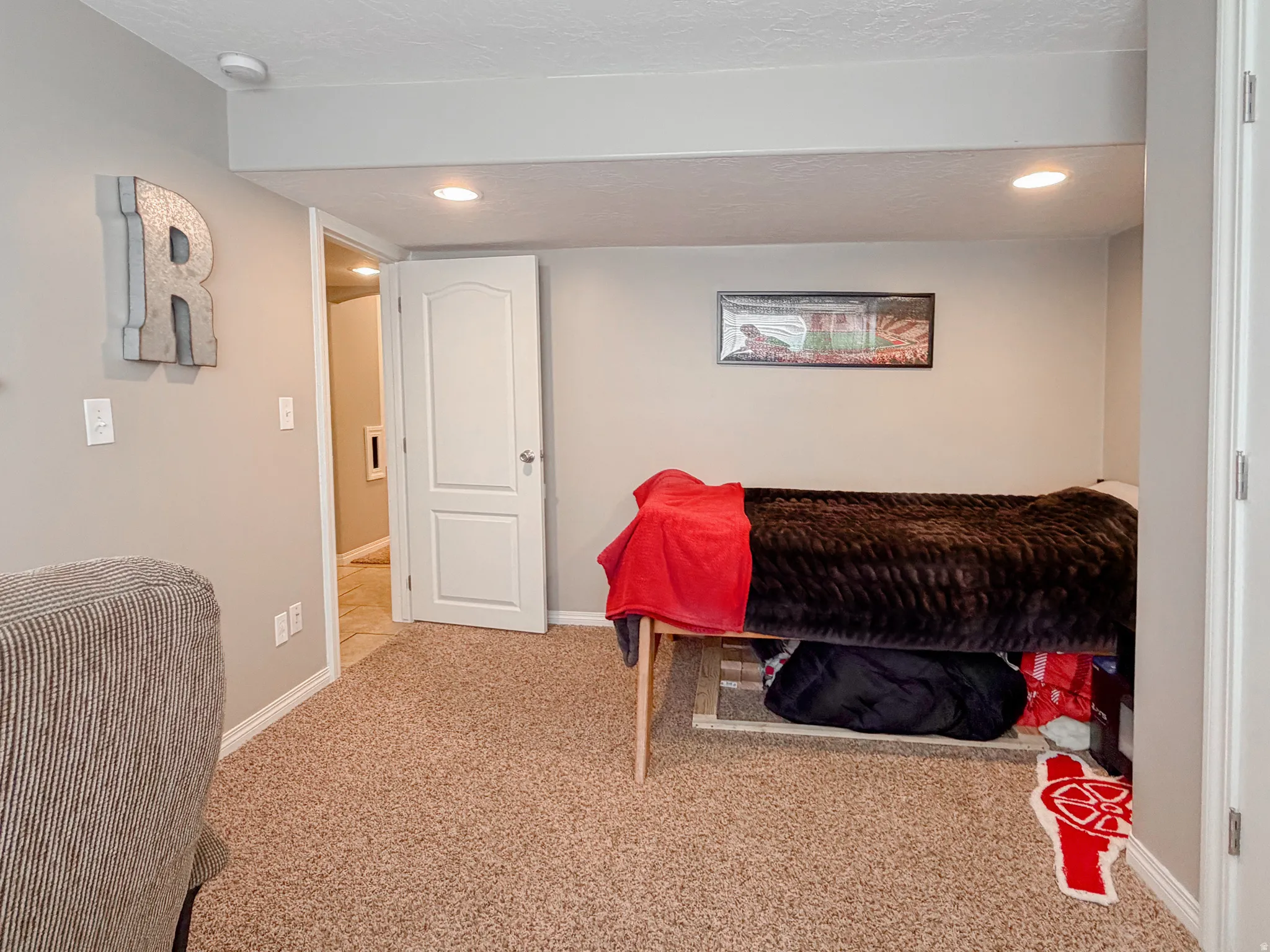 Neutral wall paint, recessed lighting, carpet flooring, a two-panel interior door, and white trim