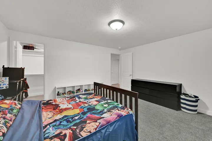 Neutral tone wall finishes, gray carpet flooring, and a flush mount ceiling light fixture