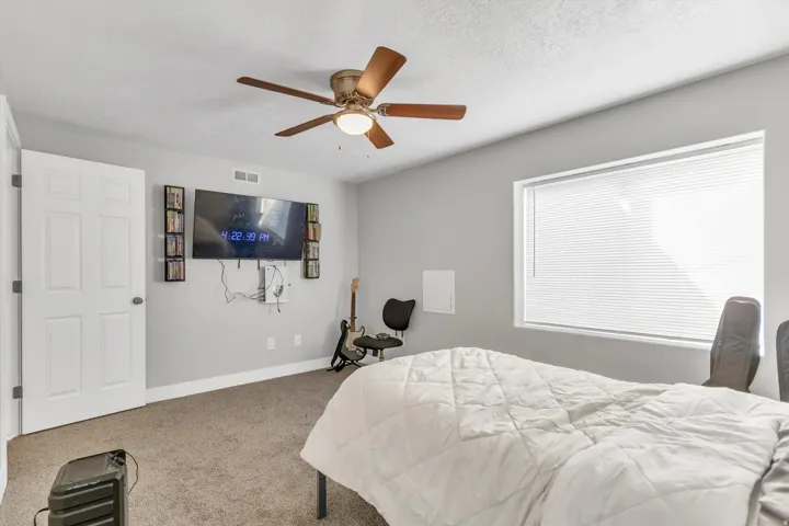 Window with blinds, ceiling fan, white paneled door, wall-mounted television, and carpet flooring