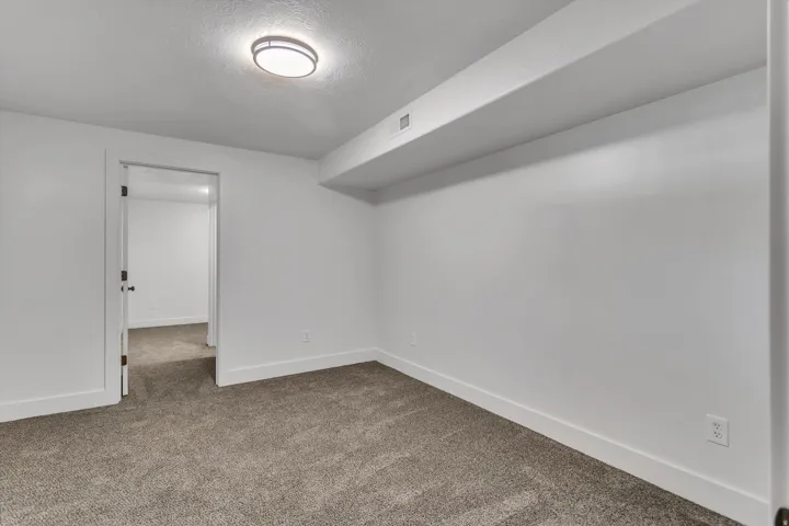 Gray-toned carpeting, white walls, and a contemporary flush-mount ceiling light