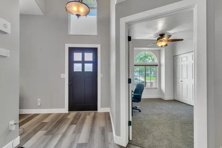 Entryway with wood-finish flooring, a dark-paneled door, and an overhead light fixture