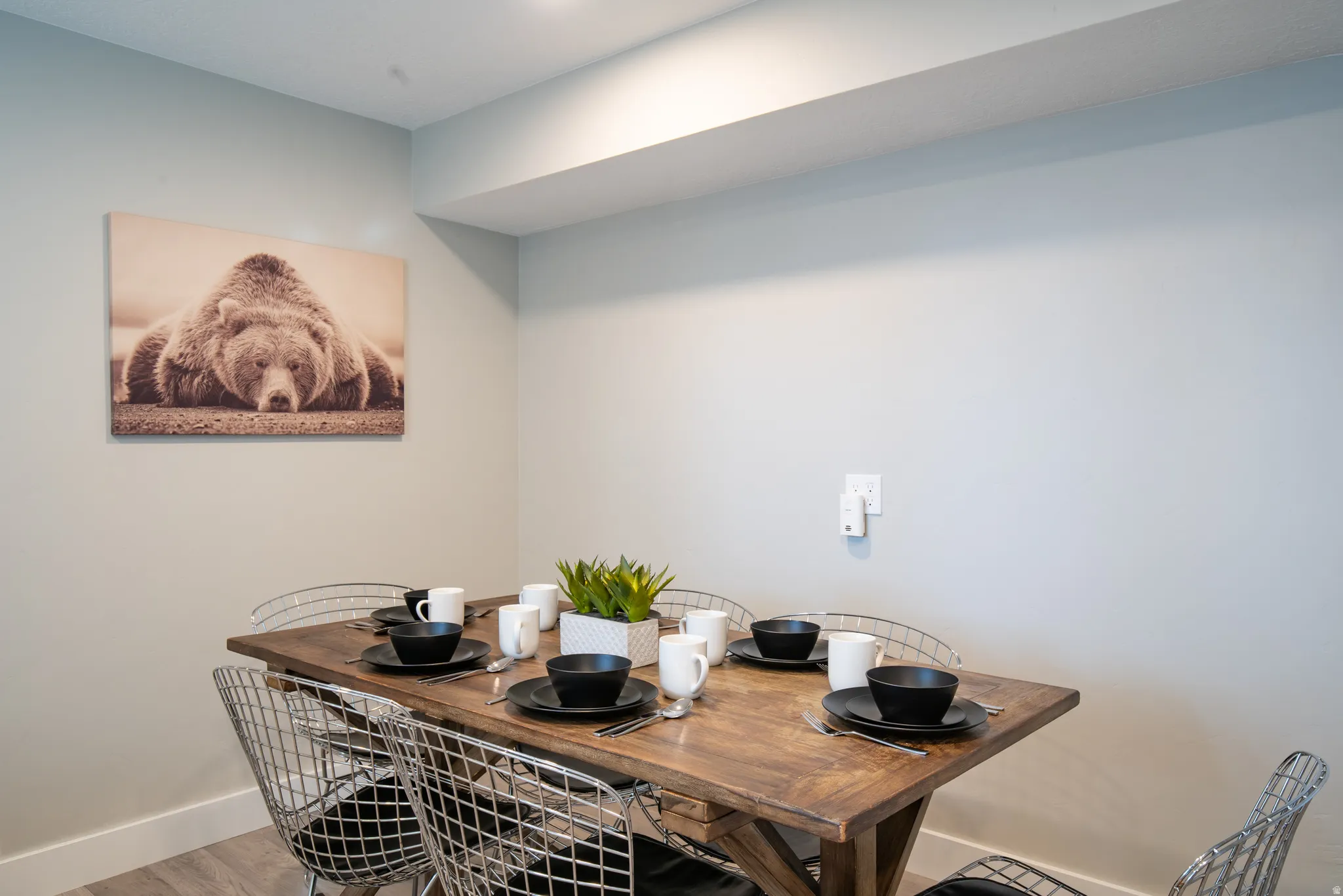 Wood-finish flooring with light-toned walls