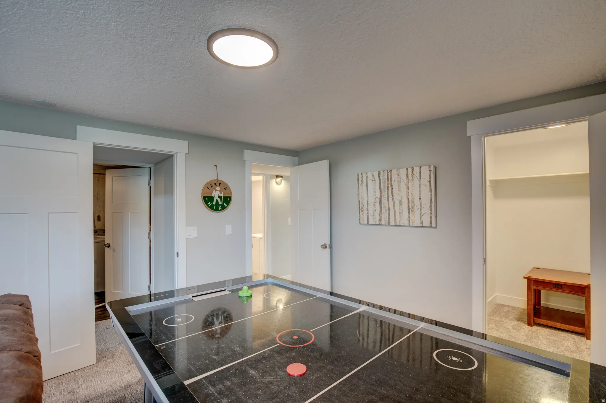 Recessed ceiling light, white paneled doors, light gray wall paint, and white trim