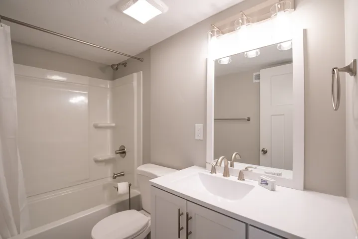 Integrated shower/tub combination with brushed nickel fixtures