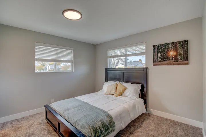 Bright secondary bedroom featuring dual windows with plantation shutters, neutral wall finishes, carpet flooring, and a recessed ceiling light fixture