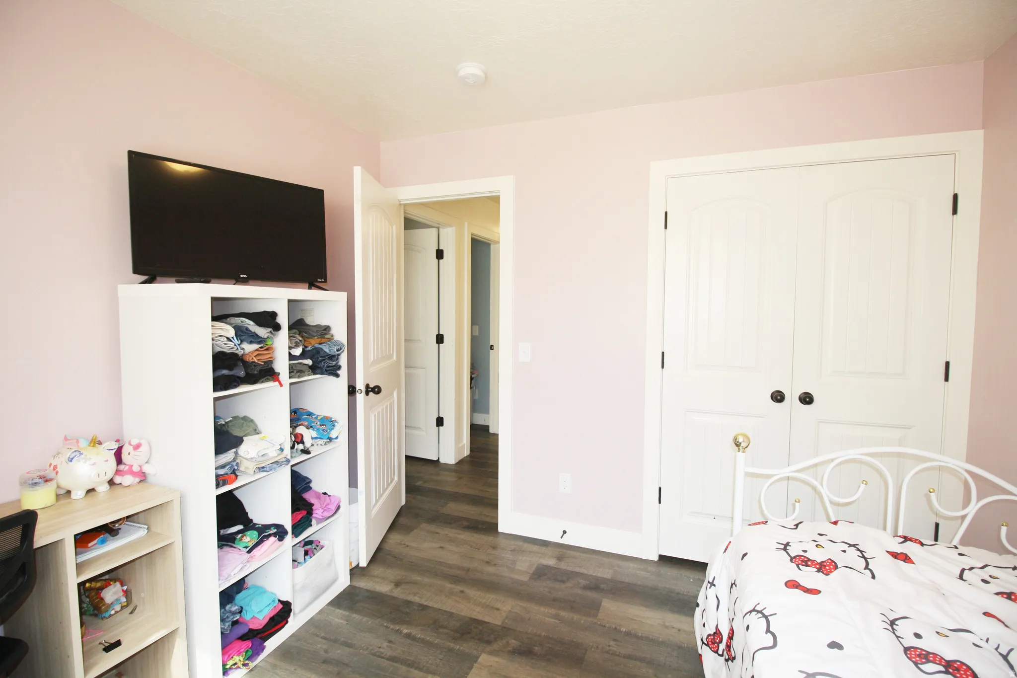 Wood-finish flooring, white paneled doors, and light-colored walls