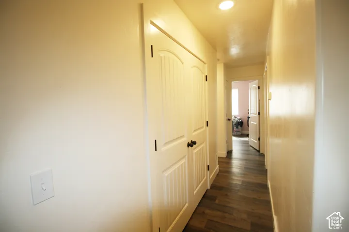 Hallway with wood-finish flooring, recessed lighting, and panel doors