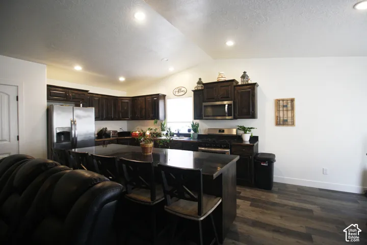 Kitchen featuring dark wood-finish cabinetry, stainless steel appliances, a large island with seating, and wood-finish flooring