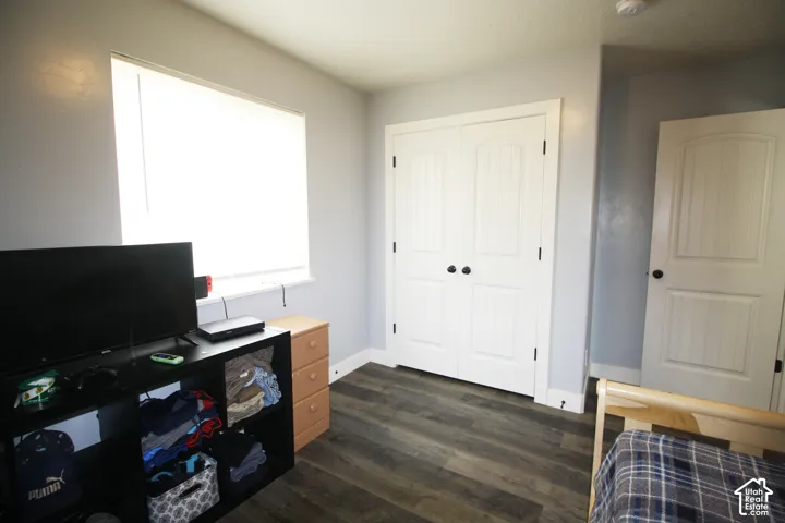 Wood-finish flooring, white paneled doors, and a window with roller blinds