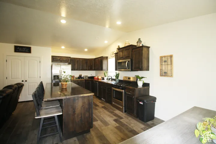 Kitchen featuring dark wood cabinetry, stainless steel appliances, wood-finish flooring, recessed lighting, and a large central island with seating