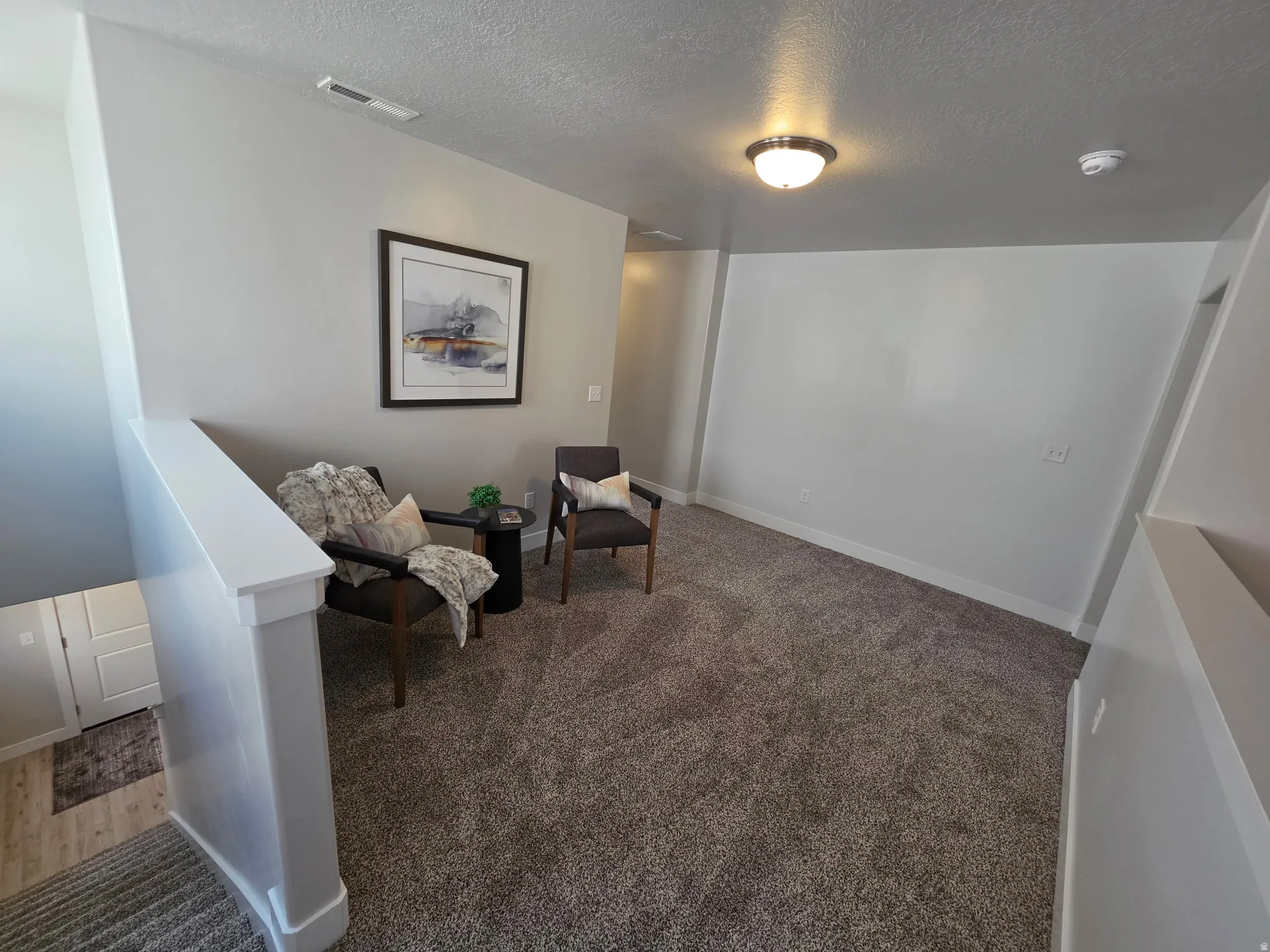 Carpeted landing with neutral wall paint and a flush-mount ceiling light