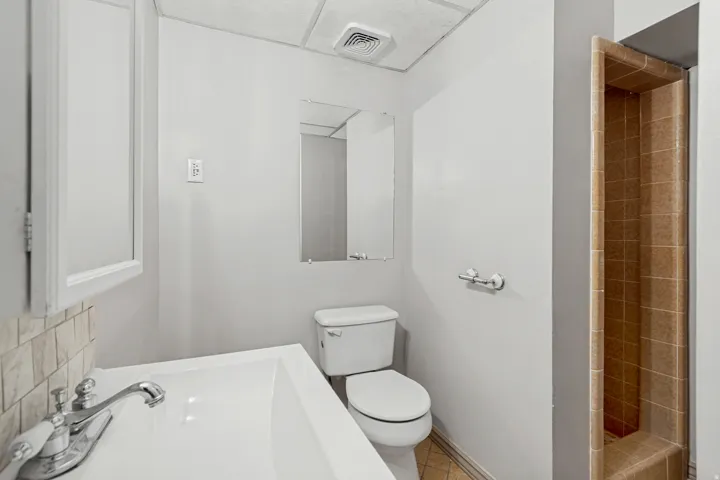 White vanity with integrated sink, chrome faucet, wall-mounted mirror, and tiled shower stall