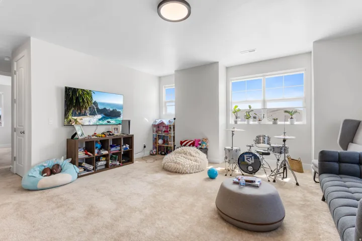 Recessed ceiling light, wall-mounted television, built-in shelving, expansive windows, and light-colored carpeting