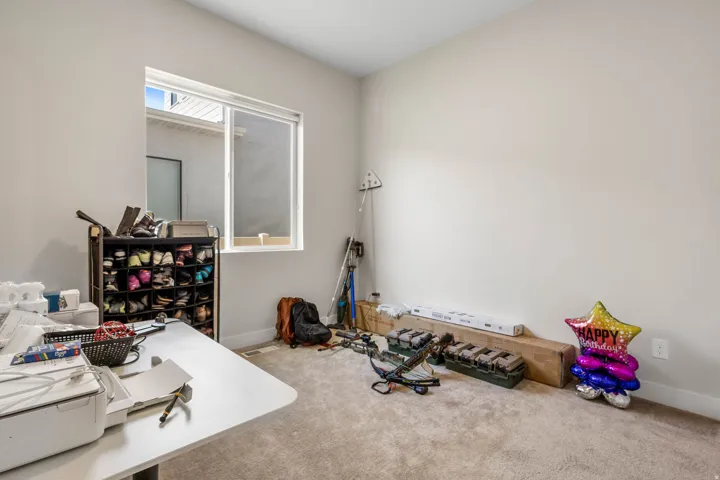 Neutral wall paint, carpet flooring, and a window with white trim