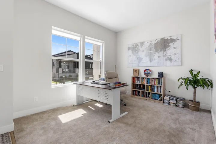 Plush carpeting, neutral wall tones, and tall windows providing ample illumination