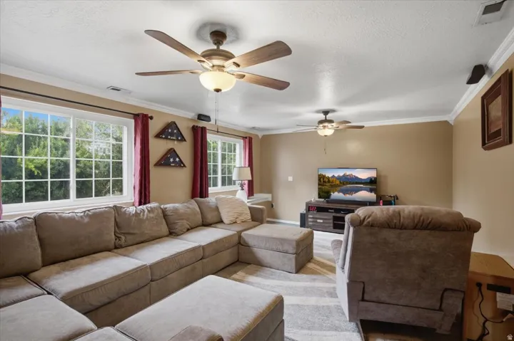 Dual ceiling fans with integrated lighting, multiple windows, crown molding, light-colored walls, and a recessed window