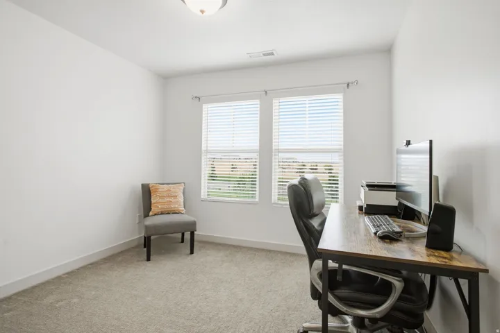 Carpeted room with a ceiling-mounted light fixture and dual windows featuring blinds